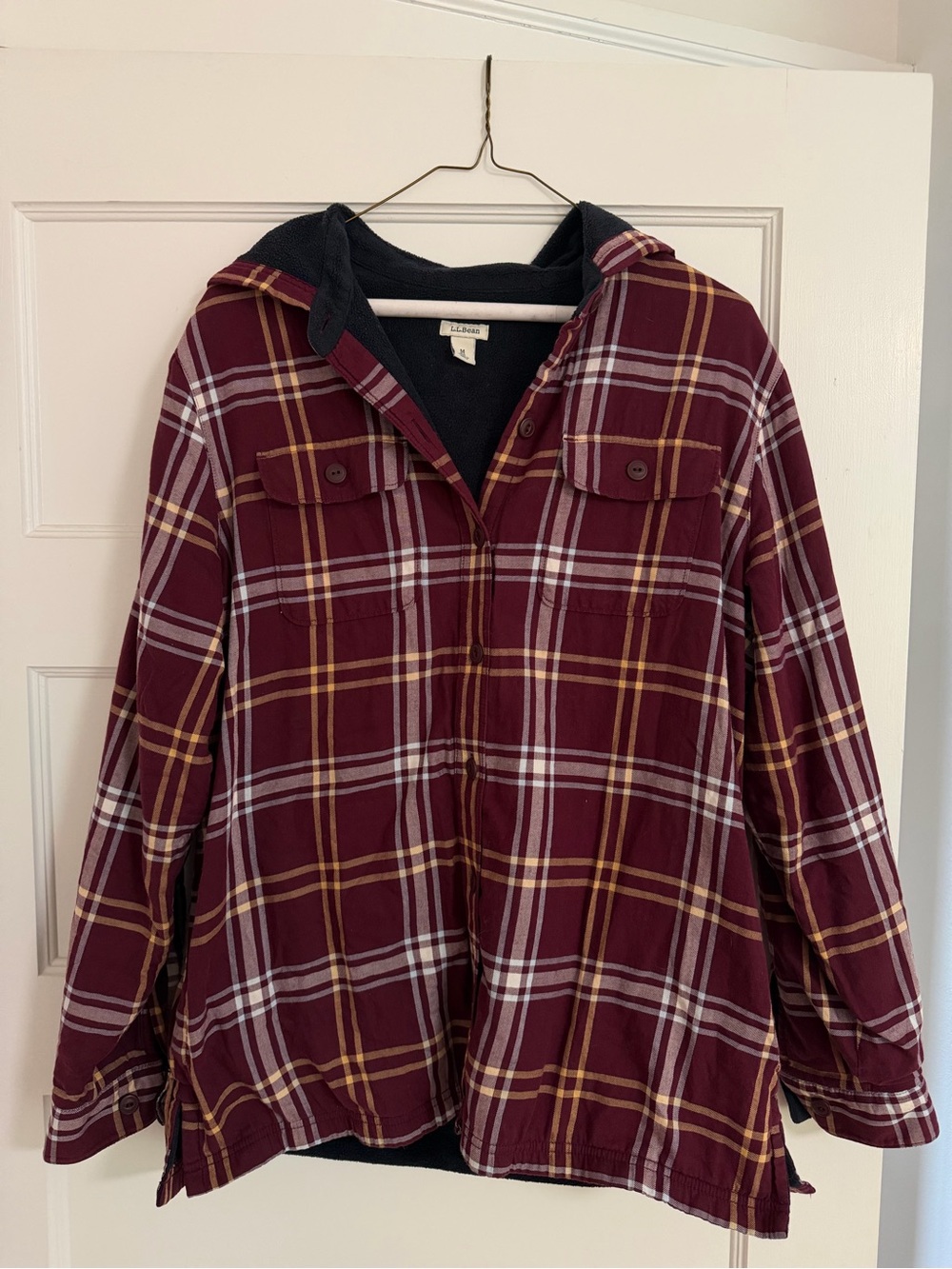 L.L. Bean Men’s Hooded Fleece-Lined Plaid Flannel Shirt - Burgundy
